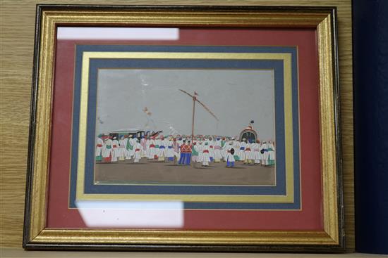 A set of six 19th century Indian mica paintings depicting rituals and processions 13 x 20cm.